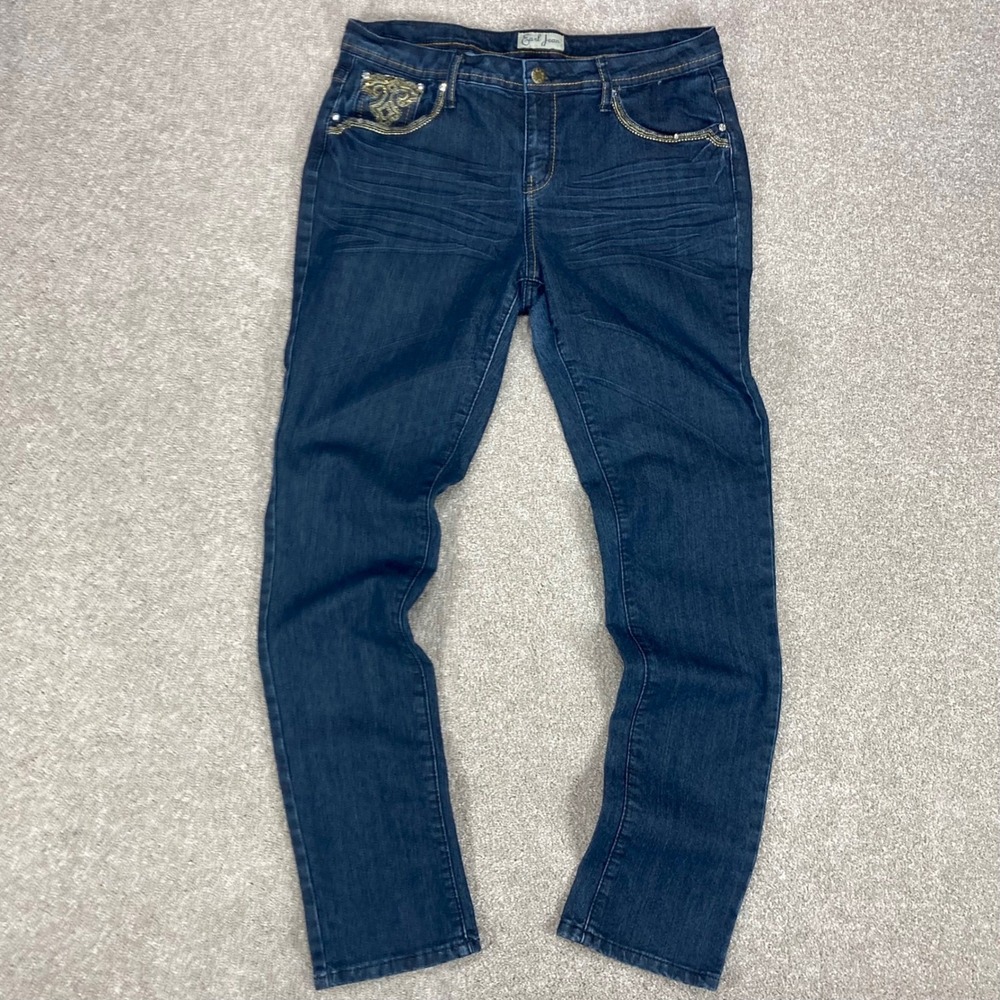 Earl Jean Slim Straight Jeans Womens 12 Blue Embellished Pockets Stretch Denim